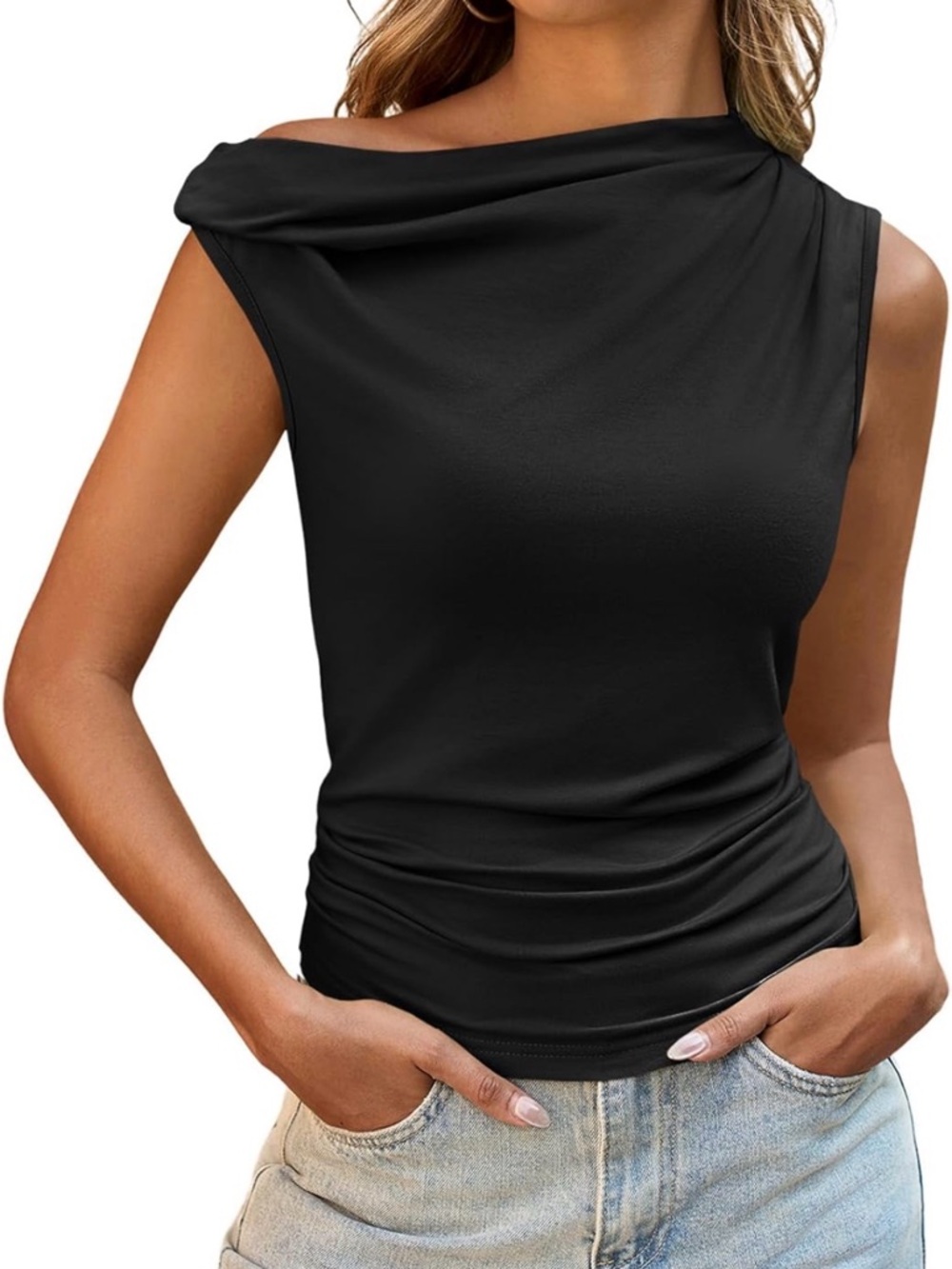 Black Draped One Shoulder Date Night Sleeveless Off Shoulder Top Size Small